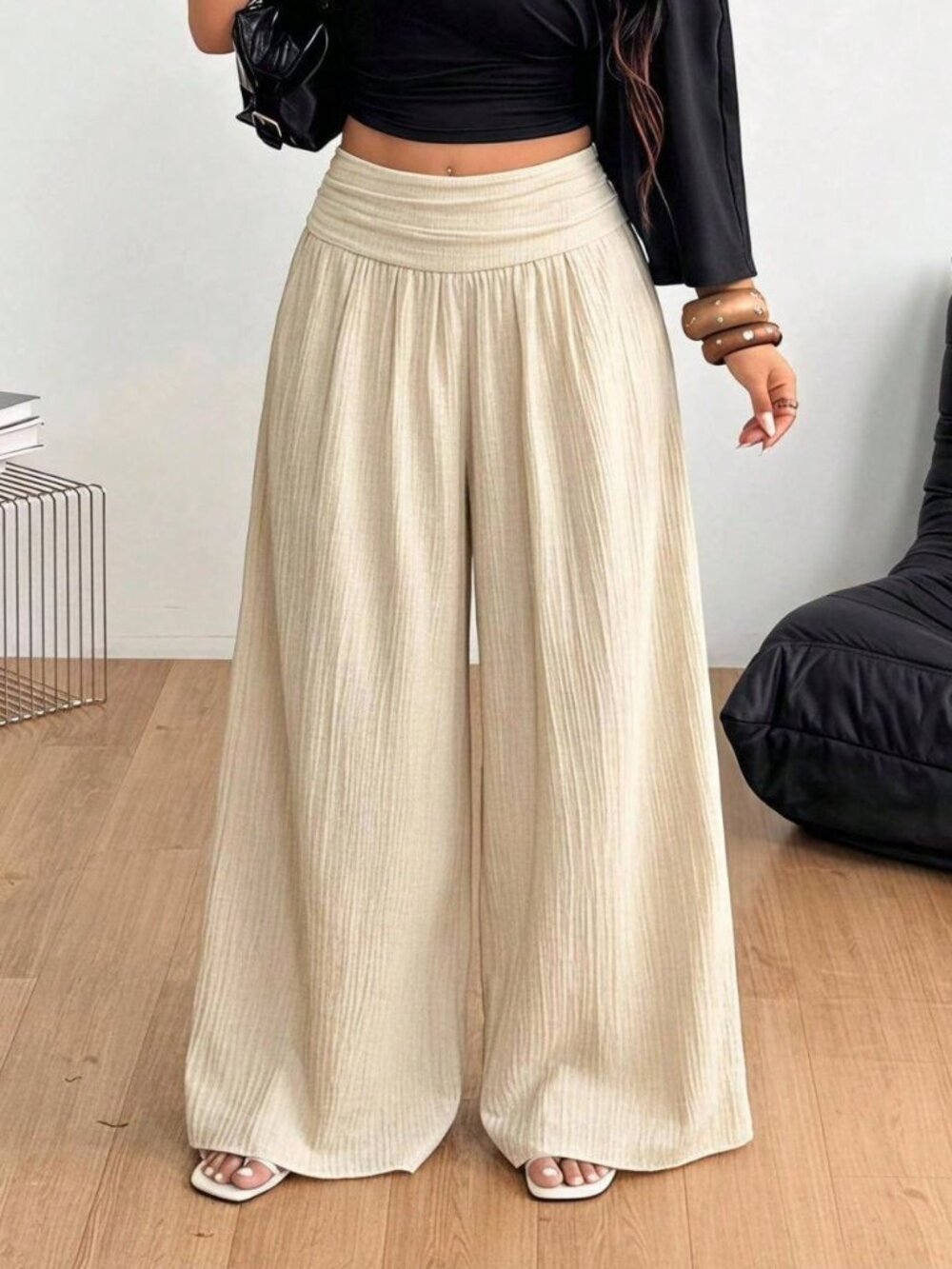 Beige Casual Women's Loose Ruched Zipper Pocket High-Waisted Wide Leg Long Pants